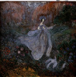 Morgon (morgon). En kvinna klädd i slöjor går mot en fågel på marken, i en blomsterträdgård. Verk av Vasili Dmitrievich Millioti (1875-1943), akvarell, gouache och bläck på papper av Vasili Dmitrievich Millioti
