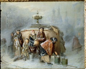 Kön Vid Fontänen. Mitt i vintern väntar stadens invånare på sin tur, i den kalla vinden och dimman, att fylla sin hink med dricksvatten. Målning av Vasili (Vasili) Grigoryevich Perov (1834-1882), olja av Vasili Grigorevich Perov