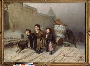 Trojka (Släde). Lärlingar hämtar vatten. (Gata på vintern). Målning av Vasili (Vasili) Grigoryevich Perov (1834-1882), olja på duk