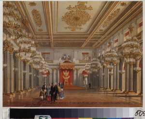 Throne Room (Hall of Saint George) i Vinterpalatset i Sankt Petersburg. Verk av Vasily Semyonovich Sadovnikov (1800-1879), akvarell på papper. Rysk konst från 1800-talet. A. Pushkin Memorial Museum, Sankt Petersburg.