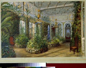 Jusupovpalatsets vinterträdgård (Moikapalatset) i Sankt Petersburg (Vinterträdgården i Yusupovpalatset i St. Petersburg). Verk av Vasily Semyonovich Sadovnikov (1800-1879), akvarell på papper