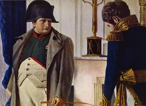 Napoleon Bonaparte och Jacques Lauriston (färglitografi)