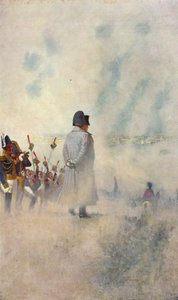 Napoloeon Bonaparte står bland sina soldater före Moskva (färglitografi)