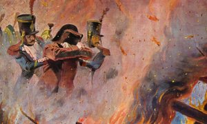 Soldater leder Napoleon Bonaparte genom elden i Moskva (färglitografi)