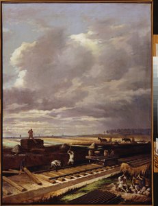 Byggnadsarbete på en järnvägslinje - Målning av Vasili Vladimirovich Pukirev (Vassili Poukirev) (1832-1890), olja på duk av Vasili Vladimirovits Pukirev
