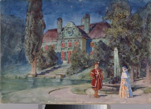 Förberedande dekor, en trädgård framför ett hus, för operan ""Boris Godounov"" av Modeste Moussorgsky (1839-1881) - Scenografi för operan Boris Godunov av Modeste Musorgsky - Verk av Vasili Dmitrievich Polenov (1844-1927) , akvarell och gouache på av Vasilij Dmitrievich Polenov