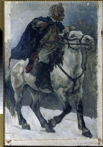 Alexander Suvorov (1729-1800) till häst. (Alexander Suvorov till häst). Den ryske hjälten beskrivs när han korsar Alperna, i spetsen för ryska trupper, under det italienska fälttåget (1799-1800). Målning av Vasilli Ivanovich Surikov (Vasily Surik