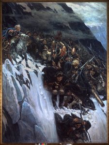 Italiensk kampanj (1799-1800): Alexander Suvorovs (Suwarow eller Souwarow Rimniski eller Rimnitskoi) marsch (1729-1800) och ryska trupper genom Alperna 1799 - Suvorovs marsch genom Alperna 1799 - Målning av Vasily Ivanovich Surikov