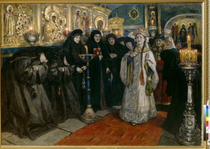 Storhertiginnan på besök i ett kloster. (Tsarevna besökte ett nunnekloster). Målning av Vasilli Ivanovich Sourikov (Vasily Surikov eller Vasily Surikow) (1848-1916), olja på duk