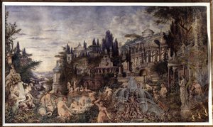 En orgie (En orgie). Scen för firande framför antika romerska palats, som sammanför en dionysisk kortege av satyrer och bacchanter, i badscener. Verk av Vassili (Vasili, Vasilii, Wilhelm) Alexandrovich Kotarbinsky (Kotarbinski, Kot av Vasily Alexandrovich Kotarbinsky