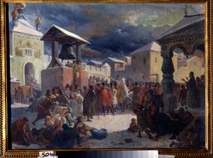 Veche (medeltida folkförsamling av de slaviska länderna) i republiken Novgorod (Vechen i republiken Novgorod). Målning av Vasili Grigorievich Khudyakov (1826-1871). Olja på duk av Vasily Grigorievich Khudyakov