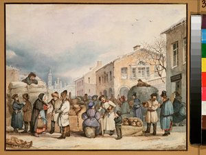 Hömarknadsplatsen i Sankt Petersburg - Verk av Vasili Ivanovich Shternberg (1818-1845), akvarell på papper av Vasily Ivanovich Sternberg