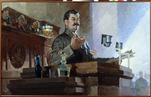 Josef Stalin (Stalin) (Joseph Vissarionovich Djougachvili dit) (1879-1953) omdefinierar den sovjetiska konstitutionen (Stalins konstitution) under den 8:e extraordinära sovjetkongressen den 5 december 1936. Vi ser Vyacheslav Molotov (1890-1986) på dr. av Vasily Semyonovich Svarog