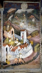December: skogshuggarna samlar ihop veden och för den tillbaka till staden Trento där muren och slottet Buonconsiglio är representerade. Målning av Månadernas Mästare eller Mästare Wenceslas (Maestro dei Mesi eller Maestro Wenceslao på italienska, börjar