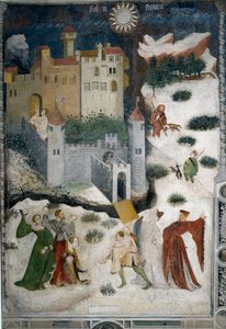 Januari månad: snölandskap med aristokrater och jägare. Aristokrater spelar snöbollar medan jägare går på jakt med sina hundar. Längst ner är slottet Castello di Stenico och en man med nyckeln är redo att öppna fästningsdörren. Målning av Mas