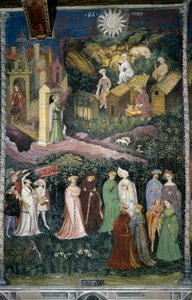 Juni månad: dans av damer och ryttare. I botten behandlas kor och osttillverkning med mjölk. Folk lastade med mat kommer ut från slottet. Kardinal Bernardo Cles (1485-1539), sponsor till målningen som gjordes om av Fogolino, är representerad i