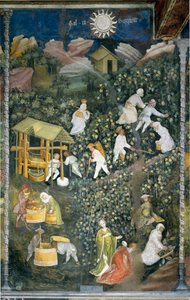Oktober: skördeplats, skörd av druvor och beredning av mout (vinpressning). Målning av Månadernas Mästare eller Mästare Wenceslas (Maestro dei Mesi eller Maestro Wenceslao på italienska, början av 1400-talet) restaurerade av Marcello Fogolino ca.