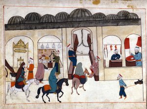 En marsch från Konstantinopel. Miniatyr från "" Turkish Memorials"" (codex Cicogna 1971 "Memorie Turchesche") Akvarell från 1600-talets venetianska skola. av Venetian School