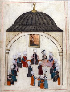 Administration under det osmanska riket: en utfrågning som leds av storvisiren. Miniatyr från "" Turkish Memorials"" (codex Cicogna 1971 "Memorie Turchesche") Akvarell från 1600-talets venetianska skola. av Venetian School