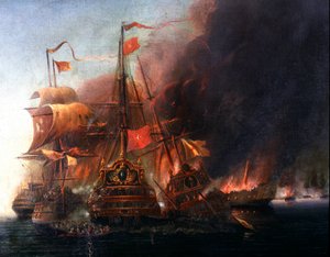 Strid mellan de osmanska flottorna och de venetianska flottorna utanför Famagusta under belägringen av Cypern 1570 Målning av den venetianska skolan på 1500-talet. Istanbul, Marinmuseum