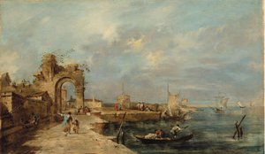 Caprice, med ruinerad båge och hamnstad av Venetian School