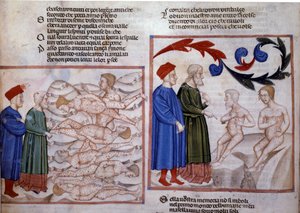 Dante och Vergilius i samtal med Grifolino från Arezzo och Capocchio från Siena. 1300-talet (miniatyr) av Venetian School