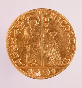 Guldmynt (zecchino eller paljett) från Venedig: dogen Nicolo Contarinis (1630-1631) regeringstid. Diameter 3,4 cm Rom, nationell term museum