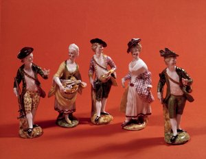 Små figurer som föreställer karaktärer (jägare, menagerare, dam i det höga samhället...) Porslinsstatyetter från 1700-talets venetianska skola. Paris, Dekorativ konst av Venetian School