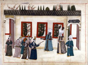 Sultanen besöker favoriten med modern och hövdingen för eunuckerna. Miniatyr från "" Turkish Memorials"" (codex Cicogna 1971 "Memorie Turchesche") Akvarell från 1600-talets venetianska skola. av Venetian School