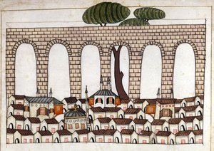 Vy över Konstantinopel och dess akvedukt. Miniatyr från "" Turkish Memorials"" (codex Cicogna 1971 "Memorie Turchesche") Akvarell från 1600-talets venetianska skola. av Venetian School