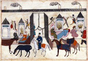 Vy över det inre av en husvagn i Turkiet under det osmanska riket. Miniatyr från "" Turkish Memorials"" (codex Cicogna 1971 "Memorie Turchesche") Akvarell från 1600-talets venetianska skola. av Venetian School