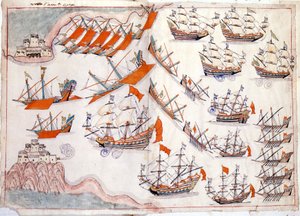 Krig mellan Venedig och Osmanska riket: Slaget vid Dardanellerna som såg den venetianske kaptenen Lorenzo Marcellos seger 1655 (akvarell)