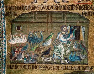 Bysantinsk arkitektur: "" Noe tar med djuren in i arken före syndafloden"""" mosaik gjord av venetianska konstnärer 1200-talets Basilica di San Marco (Basilica di San Marco), Venedig