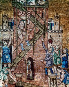 Bysantinsk arkitektur: "" konstruktionen av Babels torn""" På platsen lade arbetarnas maconer, monterade på byggnadsställningar, tornets stenar. Mosaik gjord av venetianska konstnärer Basilica di San Marco från 1200-talet (St. Markusbasilikan), Venedig