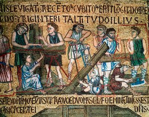 Bysantinsk arkitektur: "" konstruktionen av Babels torn"" På platsen såg arbetare och snickare brädor. Mosaik gjord av venetianska konstnärer Basilica di San Marco från 1200-talet