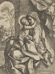 Jungfrun satt med Kristusbarnet i hennes knä och omfamnade henne, Josef såg..., ca. 1600-1613.