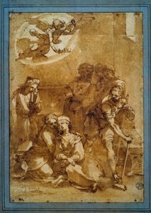 St. Ceciles död Förberedelseteckning med brunt tusch för Santa Cecilia (Pisa) av Ventura di Arcangelo Salimbeni dit Bevilacqua (1568-1613) Sön. 0,25 X 0,17 m. Paris, Louvren