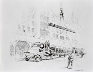 Stålbalk vinschas upp från lastbilen för att användas vid byggandet av Empire State Building, publicerad av William Edwin Rudge av Vernon Howe Bailey
