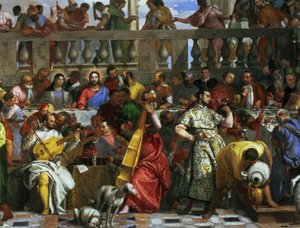 Bröllopsfesten i Cana, detalj av musiker och hundar, c.1562 olja på duk detalj av 94932 av Paolo Veronese
