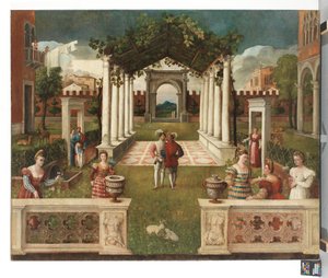 En klassisk arkitektonisk trädgård med eleganta figurer, ett bergigt landskap bortom, ca. 1530 (olja på duk) av Veronese School