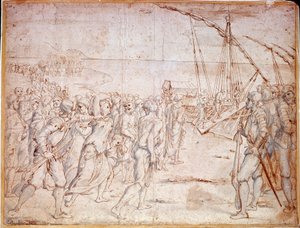 Deportation av moriskerna från Spanien (muslimer i Spanien tvångskonverterade till katolicism) efter att Filip III av Spanien undertecknade ett fördrag den 22/09/1609. Teckning av Vincencio Carducho (1576-1638)