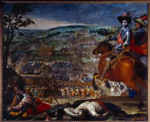 Trettioåriga kriget: 1618-1648. "Slaget vid Fleurus 1622." Den motsätter sig de protestantiska trupperna Christian de Brunswick och Ernst von Mansfeld mot den spanska armén ledd av Gonzalo Fernandez de Cordobas representant till höger. Målning av Vicente C