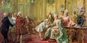 Wolfang Amadeus Mozart (1756-1791) på Madame (Marquise) de Pompadour (Mozarts familj, under Europaturnén) (1763-1766) - Akademisk konst: Presentationen av den unga Mozart till Madame de Pompadour i Versailles 1763 av Paredes, Vicente Gar av Vicente Garcia de Parades