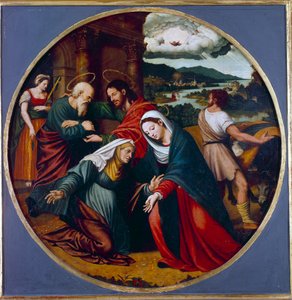 Visitation. Möte mellan Jungfru Maria och Saint Elizabeth. Innerst inne, den helige Josef och Sakarja. Målning av Juan Vincente Macip (1490-1550) Ec. Esp. av Vicente Juan (c.1510 79) Macip