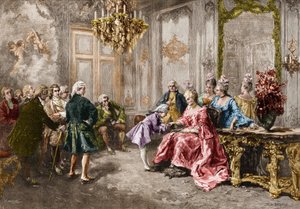 Wolfgang Amadeus Mozart (1756-1791) på Madame (Marquise) de Pompadour (Mozarts familj, under turnén i Europa) (1763-1766). Gravyr efter målningen av M. V. de Paredes. av Vicente de (after) Paredes