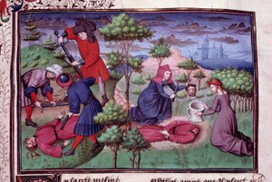 Mordplats för två män vars mördare skar av dem huvudet. Sida av ett manuskript på franska av "Decameron"" av Giovanni Boccaccio dit Jean Boccace (1313-1375), italiensk författare, upplyst av Mästaren av Mansel. 1450. Paris, Arsenals bibliotek av Vicente de Paredes