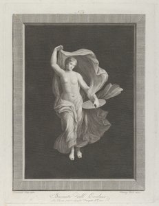 En delvis naken bacchante som håller en skiva i vänster hand och lyfter upp sina plagg ..., ca. 1795-1820 av Vicenzo Feoli