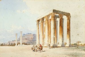 Zeus tempel med Akropolis, Parthenon, Aten (akvarell och kroppsfärg) av Vicenzo Lanza