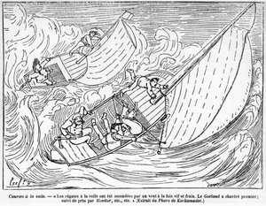Segelbootrennen, gekenterte Boote: „Die Segelregatten wurden von einem starken und frischen Wind unterstützt. Das Boot Goeland kenterte zuerst, gefolgt von Monitor...“ - Zeichnung von Crafty, in „The Centaur“ von Victor  Geruzez