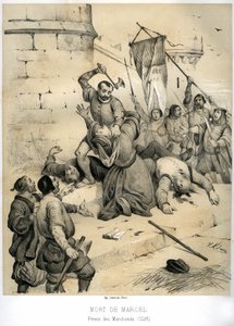 Mordet på Etienne Marcel, rik drapier och Prevot des merchants (1316-1358), av echevinen Jean Maillart, en av ledarna för det rojalistiska partiet, i juli 1358. Gravyr av Victor Adam (1801-1866) i boken "France in the Middle Ages" utgiven av Victor Adam